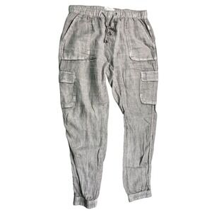 Nicole‎ Miller Medium 100% Linen Cargo Jogger Pants Taupe Drawstring